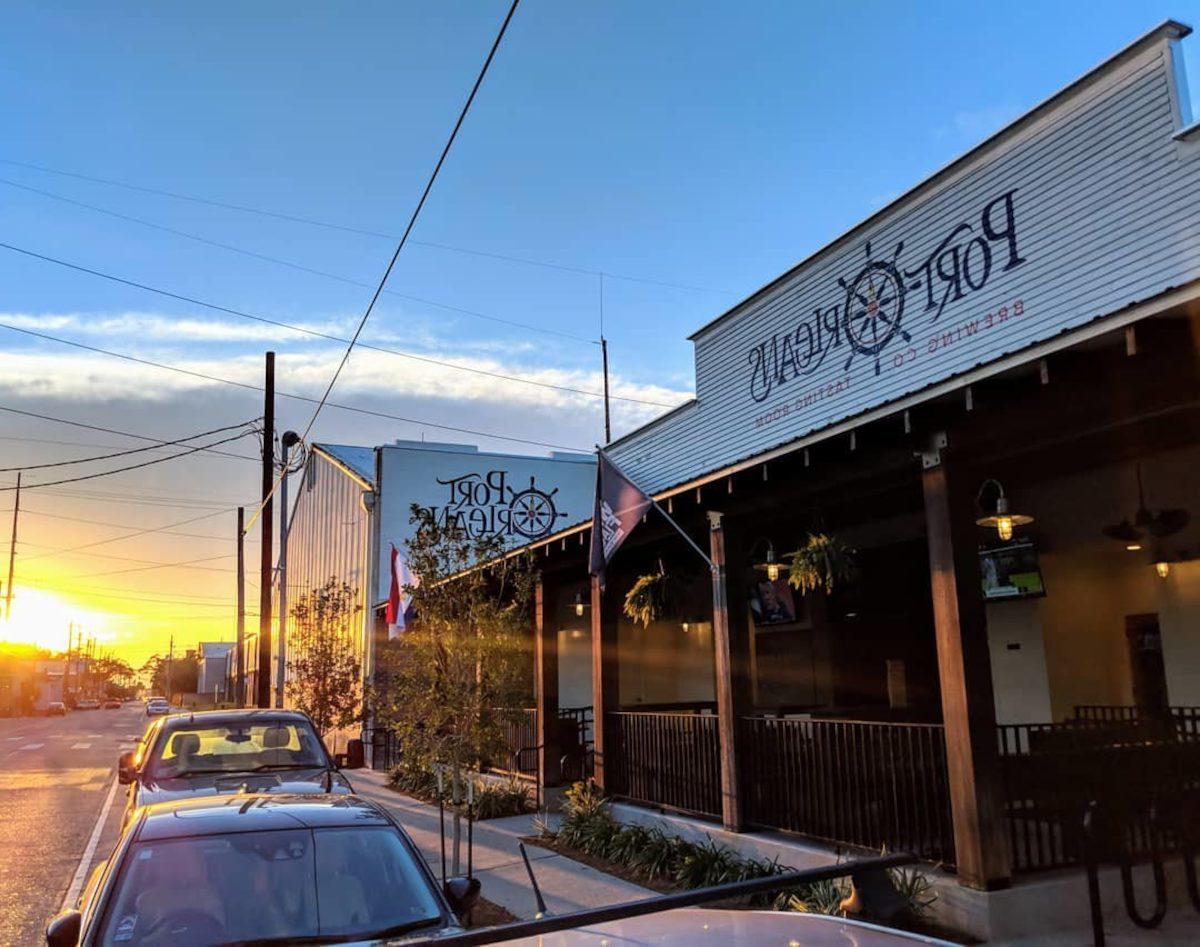 Port Orleans Brewing Co. building at sunset